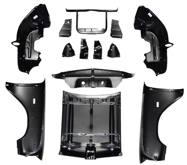 Set of black car body panels on a white background.