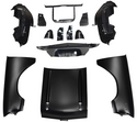 Collection of black car body panels on a white background. V8 Front End Sheet Metal Kit