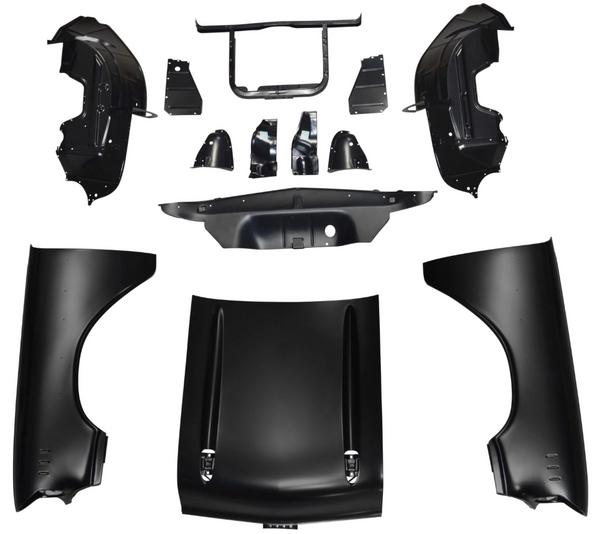 Collection of black car body panels on a white background. V8 Front End Sheet Metal Kit