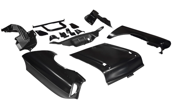 Set of black car body panels on a white background. V8 Front End Sheet Metal Kit.