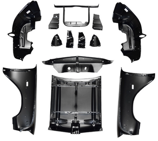 Set of black car body panels on a white background. V8 Front End Sheet Metal Kit.