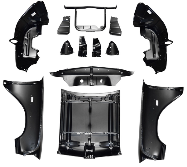 Set of black car body panels on a white background. V8 Front End Sheet Metal Kit.