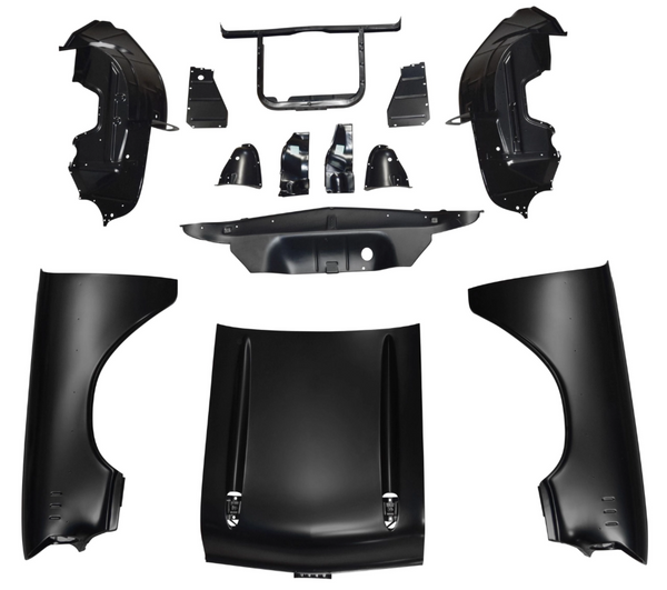 Set of black car body panels on a white background. 1957 Chevy 150 Series V8 Front End Sheet Metal Kit.