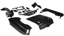 Set of black car body panels and components on a white background. 1957 Chevy 150 Series V8 Front End Sheet Metal Kit.