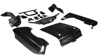 Set of black car body panels and components on a white background. 1957 Chevy 150 Series V8 Front End Sheet Metal Kit.
