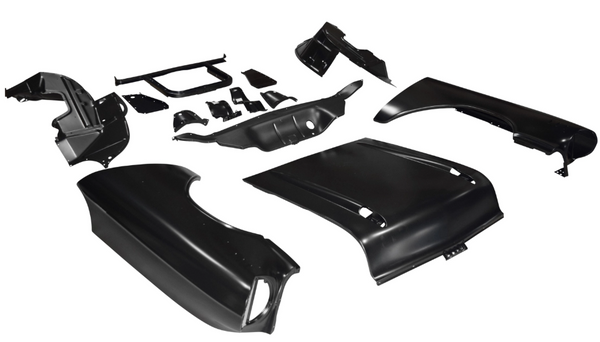 Set of black car body panels and components on a white background. 1957 Chevy 150 Series V8 Front End Sheet Metal Kit.