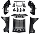 Set of black car body panels and components on a white background. 1957 Chevy 150 Series V8 Front End Sheet Metal Kit.