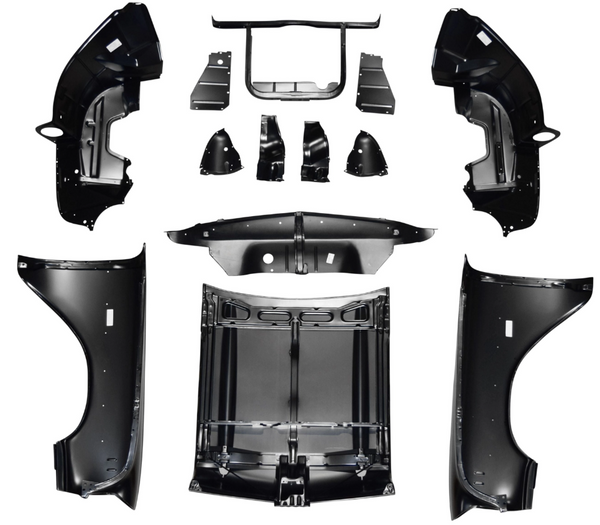 Set of black car body panels and components on a white background. 1957 Chevy 150 Series V8 Front End Sheet Metal Kit.