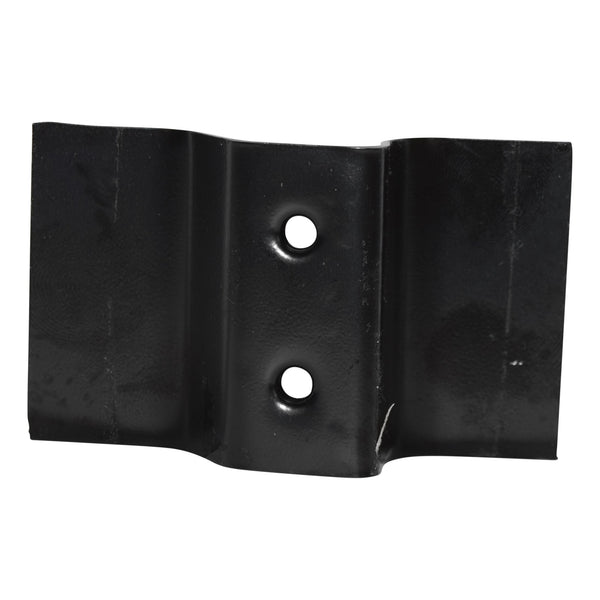 Black metal bracket with two holes on a white background. 1978-1988 Front Floor Shifter Mounting Bracket.