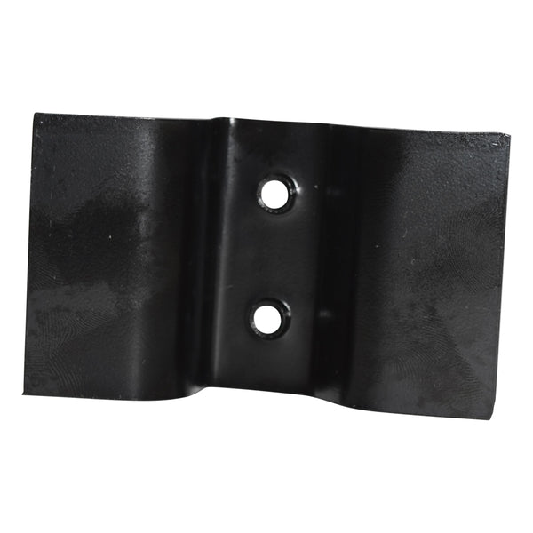 Black metal bracket with two holes on a white background. 1978-1988 Front Floor Shifter Mounting Bracket.