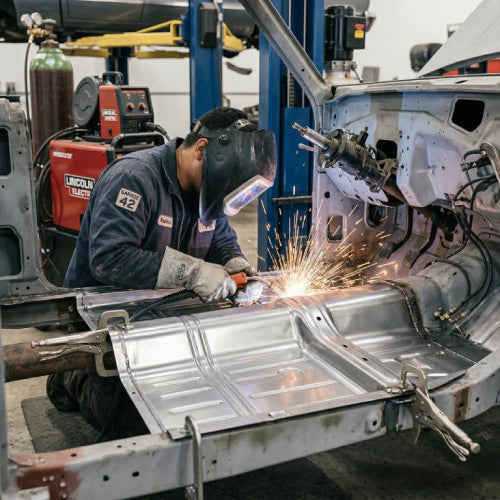 Technician installing floor pan rust repair panel on classic vehicle