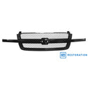 Black car grille with mesh design on a white background, featuring the GM Restoration logo. Chevy Grille Assembly Painted.