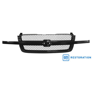 Black car grille with mesh design on a white background, featuring the GM Restoration logo. Chevy Grille Assembly Painted.