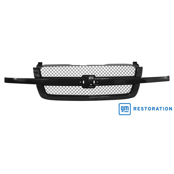 Black car grille with mesh design on a white background, featuring the GM Restoration logo. Chevy Grille Assembly Painted.
