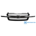 Black car grille with 'GM Restoration' logo on a white background. Chevy Grille Assembly Chrome.
