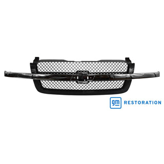 Black car grille with 'GM Restoration' logo on a white background. Chevy Grille Assembly Chrome.
