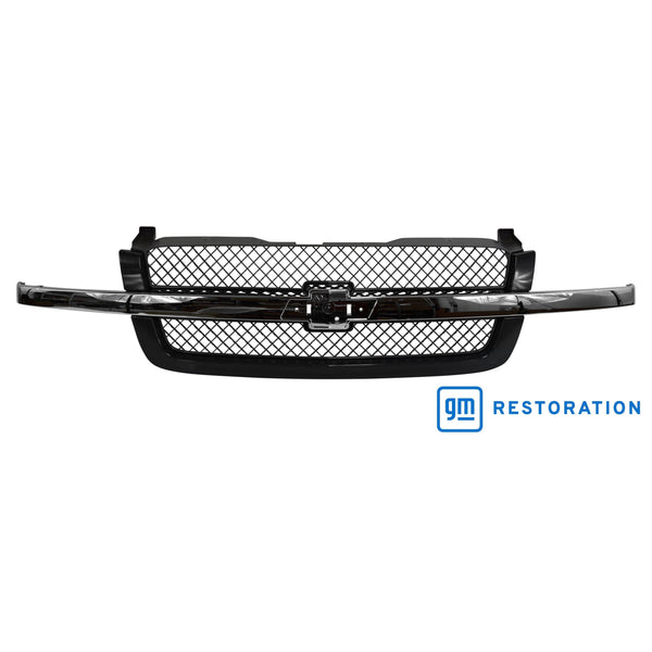 Black car grille with 'GM Restoration' logo on a white background. Chevy Grille Assembly Chrome.