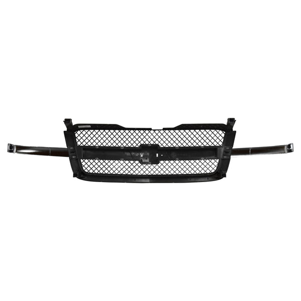 Black car grille with mesh design on a white background. Chevy Grille Assembly Chrome.