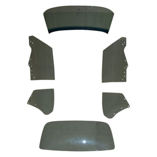 Set of car interior panels on a white background. 1970-1972 Glass Kit W/ 8 Hole Door Glass W/ Antenna - Tinted.