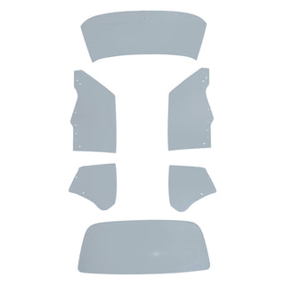 Set of car interior panels on a white background. 1970-1972 Pontiac GTO Coupe Glass Kit W/ 8 Hole Door Glass W/ Antenna - Clear.