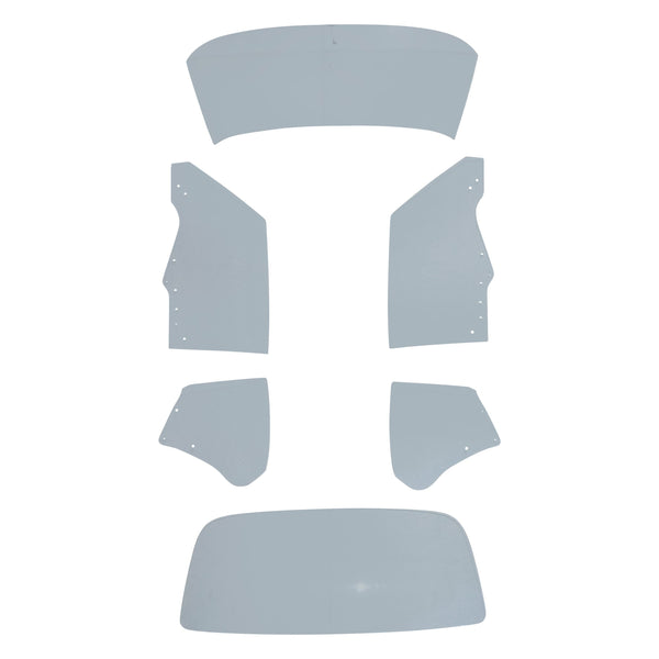 Set of car interior panels on a white background. 1970-1972 Pontiac GTO Coupe Glass Kit W/ 8 Hole Door Glass W/ Antenna - Clear.