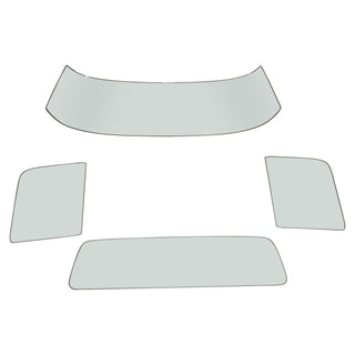 Set of curved and rectangular car window glass panels on a white background. Glass Kit Clear.