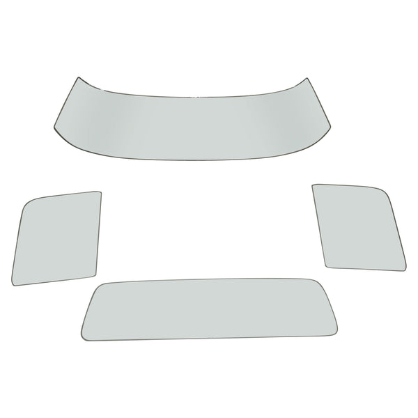 Set of curved and rectangular car window glass panels on a white background. Glass Kit Clear.