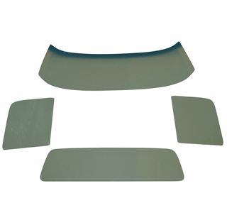 Set of green car window glass on a white background. 1967-1972 Ford F-250 Window Glass Kit Green Tinted w/ Band.