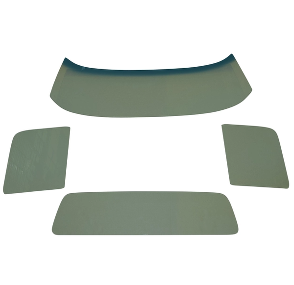 Set of green car window glass on a white background. 1967-1972 Ford F-250 Window Glass Kit Green Tinted w/ Band.