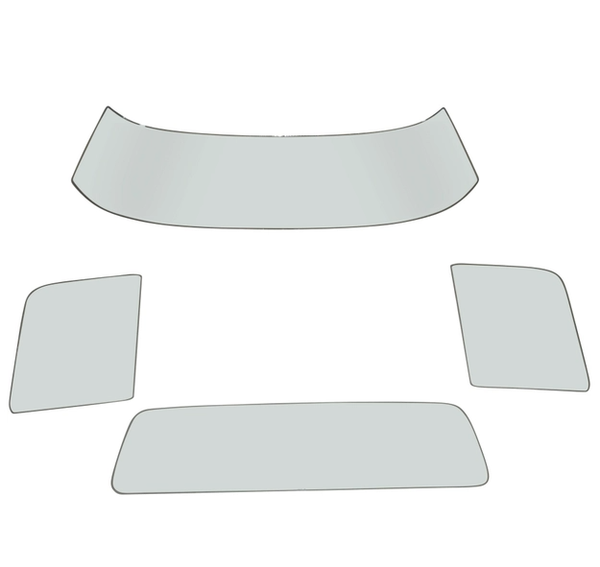 Set of curved and rectangular car window glass panels on a white background. 1967-1972 Ford F-250 Window Glass Kit Clear.
