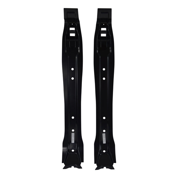 Two black metal brackets on a white background. 1967-1970 Chevy Impala Gas Tank Mounting Brace Pair.
