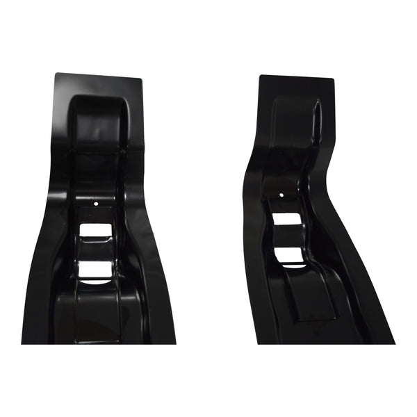 Pair of black metal brackets on a white background. 1967-1970 Chevy Impala Gas Tank Mounting Brace Pair