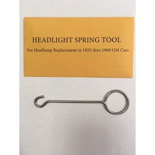Headlight spring tool for headlamp replacement in 1955-1960 GM cars on a white background with a yellow label. Headlight Spring Tool.