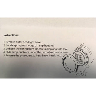 Instructions for removing and installing a headlight with text and diagram on a beige background. Headlight Spring Tool.