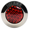 Round brake light with red lens and 'BRAKE' text on a white background. 1955-1956 Chevy Emergency Parking Brake Warning Light.