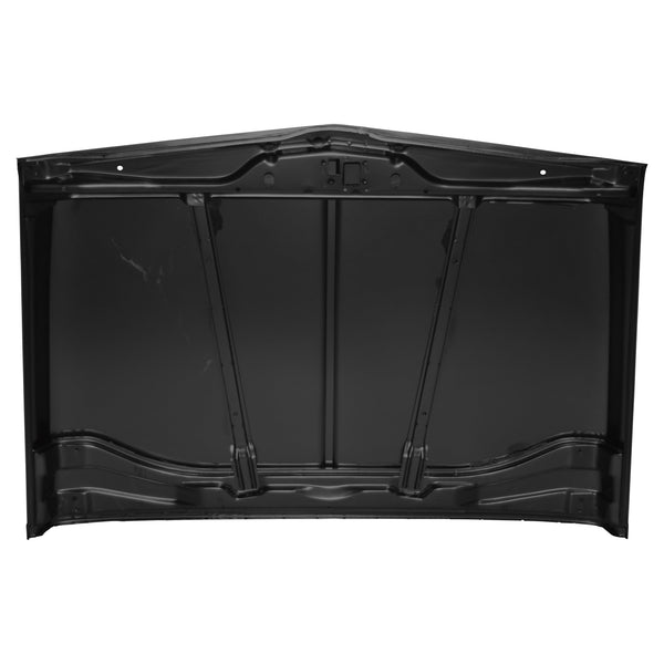 Black car floor pan on a white background. 1969-1972 Chevy Pickup Hood W/ Emblem Holes.