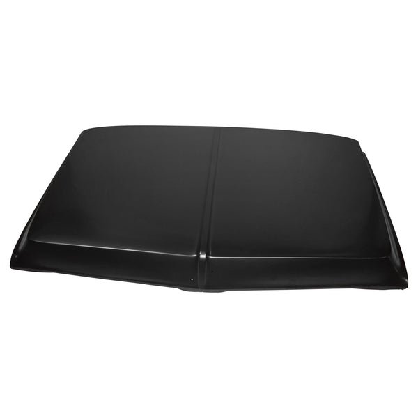 Black car hood on a white background. 1969-1972 Chevy Pickup Hood W/ Emblem Holes.
