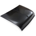 Black car hood on a white background. 1955 Chevy V8 Front End Sheet Metal Kit, Factory Style Hood.