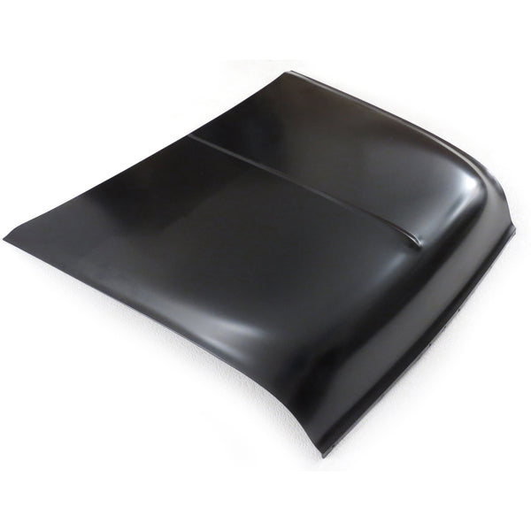 Black car hood on a white background. 1955 Chevy V8 Front End Sheet Metal Kit, Factory Style Hood.