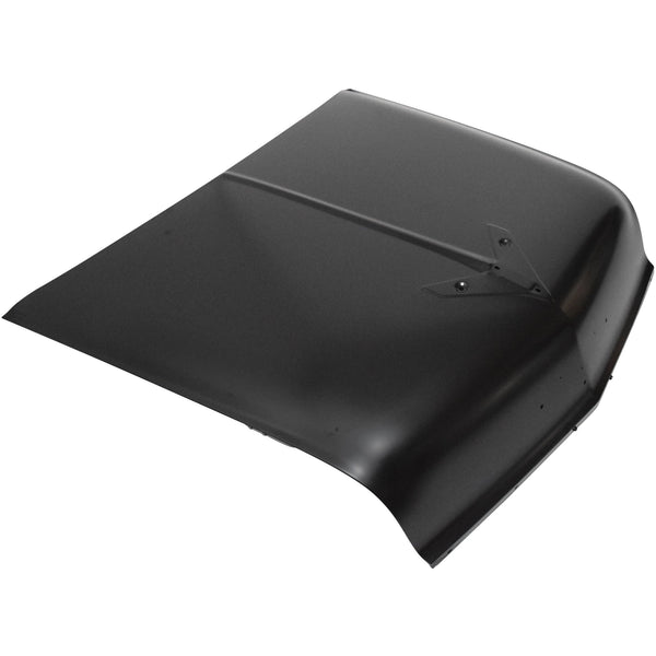 Black car hood on a white background. 1956 Chevy 150 Series V8 Front End Sheet Metal Kit, Factory Style Hood