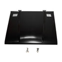 Black metal sheet with cutouts and two small metallic components on a white background. 1966-1967 Ford Bronco Cowl Hood with Vent Holes.