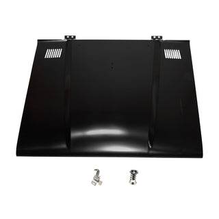 Black metal sheet with cutouts and two small metallic components on a white background. 1966-1967 Ford Bronco Cowl Hood with Vent Holes.