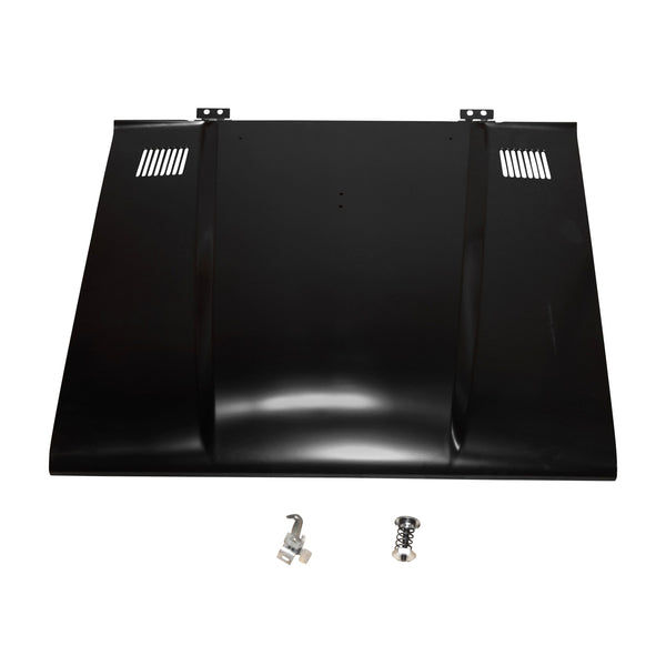 Black metal sheet with cutouts and two small metallic components on a white background. 1966-1967 Ford Bronco Cowl Hood with Vent Holes.