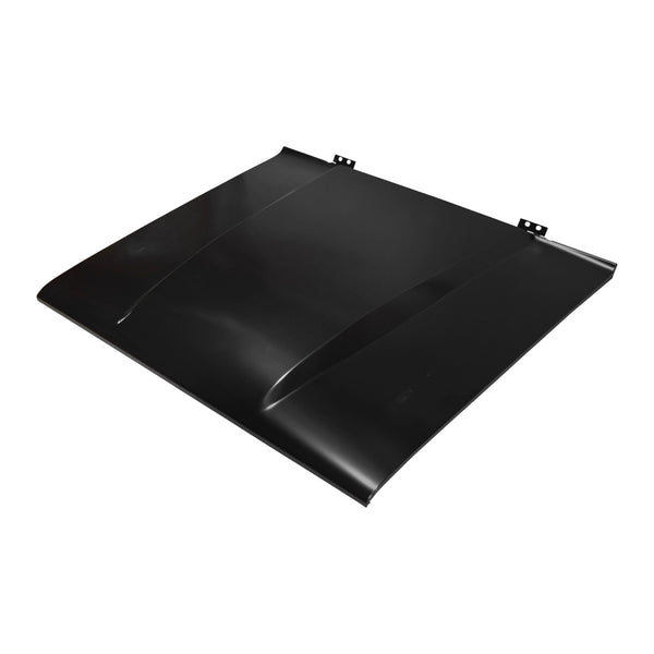 Black metal car hood on a white background. 1966-1967 Ford Bronco Cowl Hood with w/o Vent Holes.