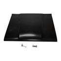 Black car hood with two small metal components on a white background. 1966-1967 Ford Bronco Cowl Hood with w/o Vent Holes.
