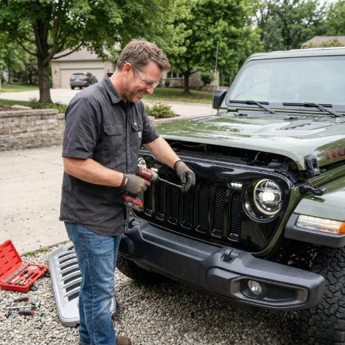 Technician performing automotive rust repair installation