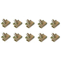 Gold metal clips arranged in two rows on a white background. 1955-1957 Chevy Convertible Pinchweld Molding Clip Set, 10 Pcs