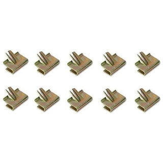 Gold metal clips arranged in two rows on a white background. 1955-1957 Chevy Convertible Pinchweld Molding Clip Set, 10 Pcs