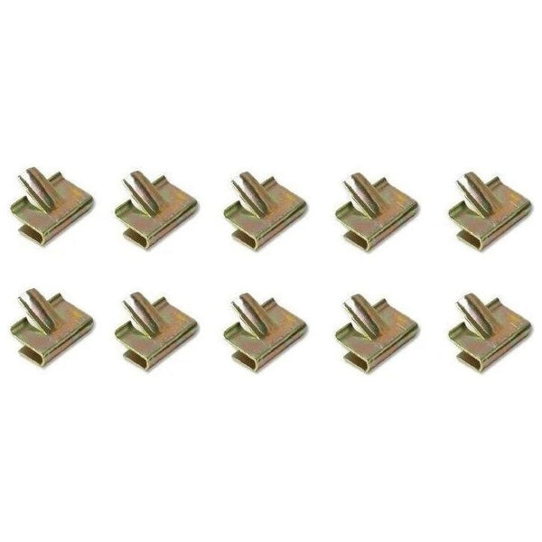 Gold metal clips arranged in two rows on a white background. 1955-1957 Chevy Convertible Pinchweld Molding Clip Set, 10 Pcs