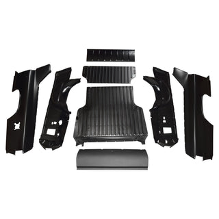 Set of black car body panels on a white background. 1968 Chevy El Camino Bed Kit.